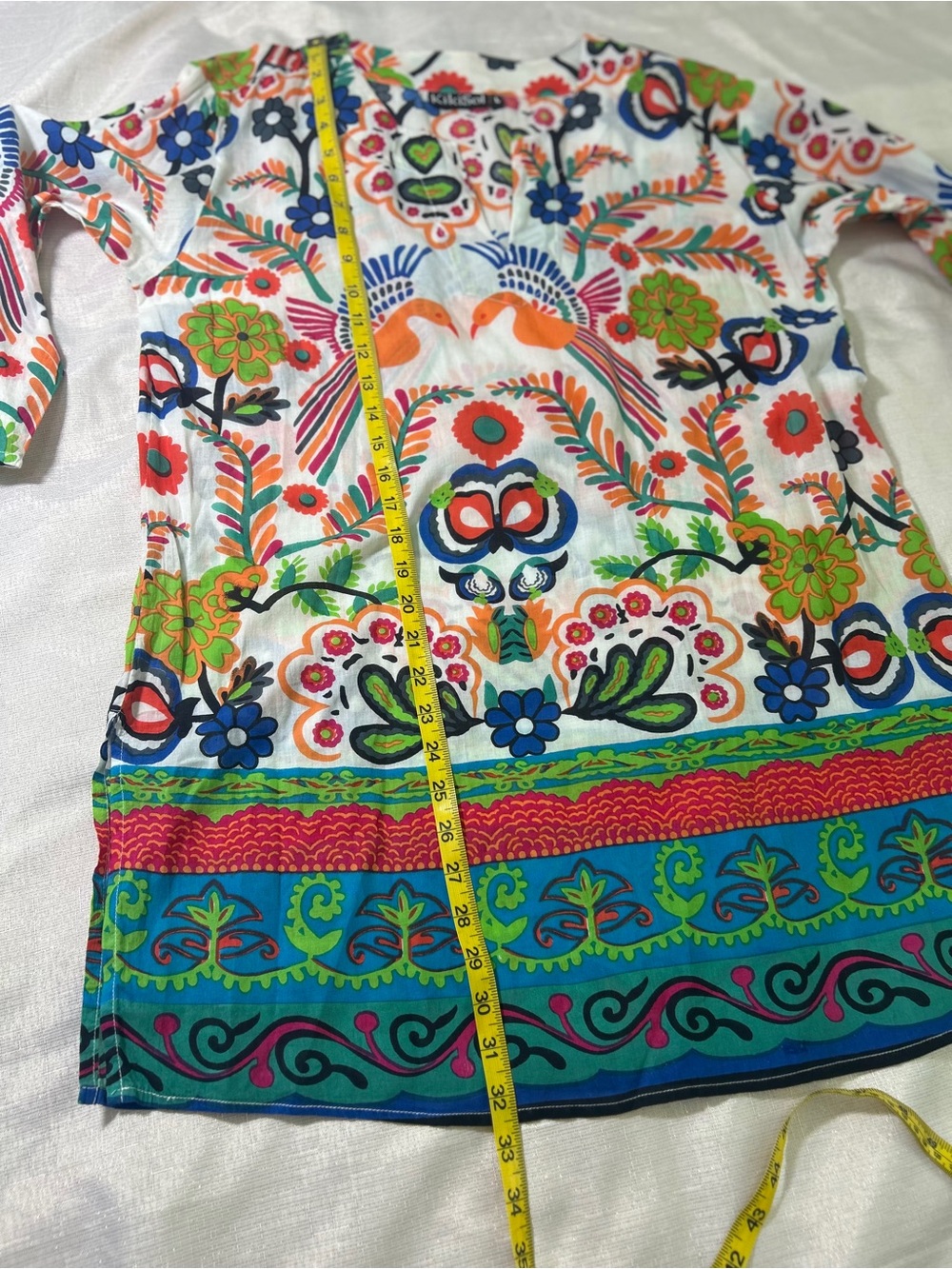 KikiSol V-neck White Multicolor Floral & Bird Print Tunic 100% Cotton Sz. L - Picture 4 of 12